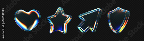 3d glass icon - heart, star, arrow, protect shield with refraction, holographic effect isolated on dark. Render transparent glass figure with dispersion light, rainbow gradient. 3d vector morphism