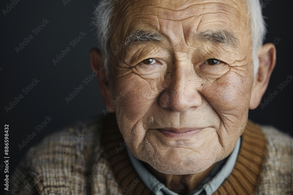 Obraz premium Close-up portrait of a middle aged man of Asian descent, studio photo, against a sleek gray studio backdrop