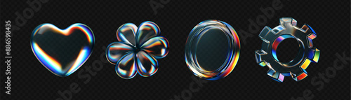 3d glass icon - heart, flower, gear, coin with refraction and holographic effect isolated on dark. Render transparent glass heart with overlay dispersion light, rainbow gradient. 3d vector morphism