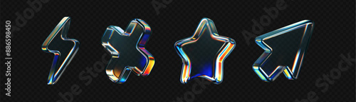 3d glass icon - star, cross, arrow, lightning with refraction, holographic effect isolated on dark. Render transparent glass heart with overlay dispersion light, rainbow gradient. 3d vector morphism