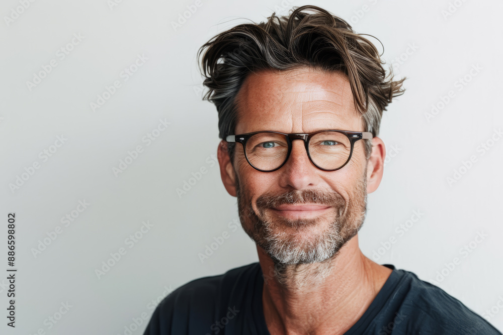 Close-up portrait of a middle aged man of European descent, studio photo, against a sleek white studio backdrop Close-up portrait of a middle aged man of European descent, studio photo, against a sleek white studio backdrop