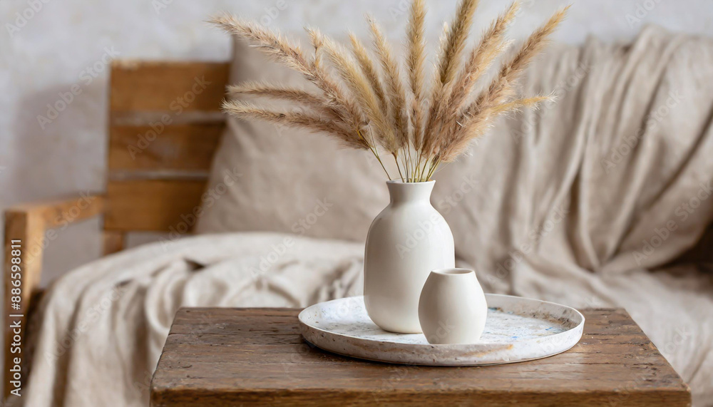 Modern white ceramic vase with dry Lagurus ovatus grass and marble tray on vintage wooden bench, table. Blurred beige linen blanket in front. Scandinavian interior. Empty white wall Modern white ceramic vase with dry Lagurus ovatus grass and marble tray on vintage wooden bench, table. Blurred beige linen blanket in front. Scandinavian interior. Empty white wall