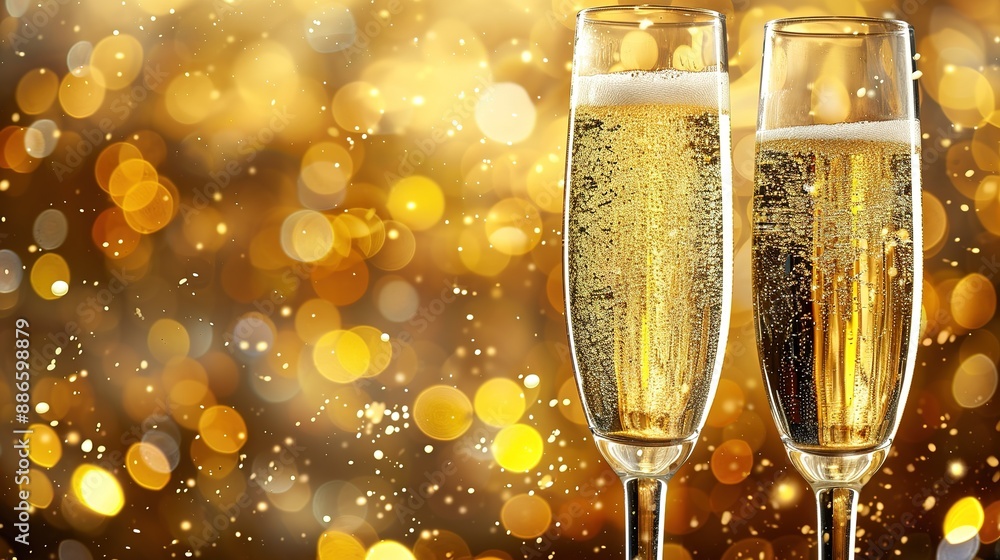Two glasses of champagne toasting in the nigh with lights bokeh, glitter and sparks Two glasses of champagne toasting in the nigh with lights bokeh, glitter and sparks