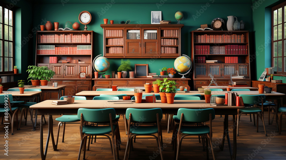 Obraz premium A colorful, organized classroom with wooden desks and chairs.