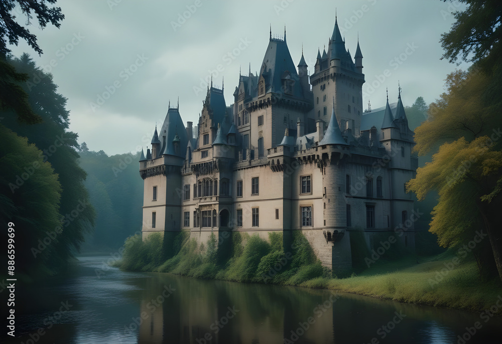 A large, ornate castle or palace surrounded by a moat and dense forest in a dark, moody atmosphere A large, ornate castle or palace surrounded by a moat and dense forest in a dark, moody atmosphere