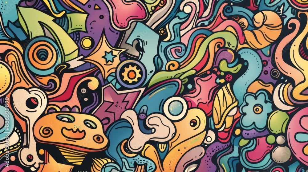 Colorful and abstract doodle background creating a crazy cartoon pattern with many different shapes and colors Colorful and abstract doodle background creating a crazy cartoon pattern with many different shapes and colors