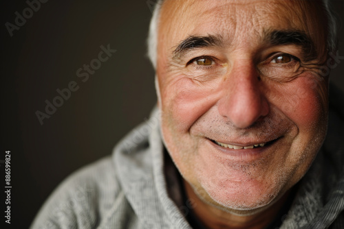 Close-up portrait of a middle aged man of European descent, studio photo, against a sleek gray studio backdrop