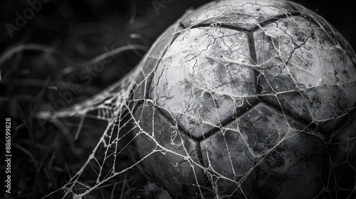A soccer ball covered in spider webs