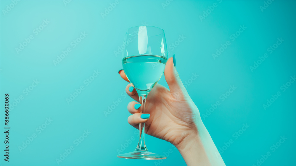 Obraz premium Hand holding wine glass with water against turquoise background