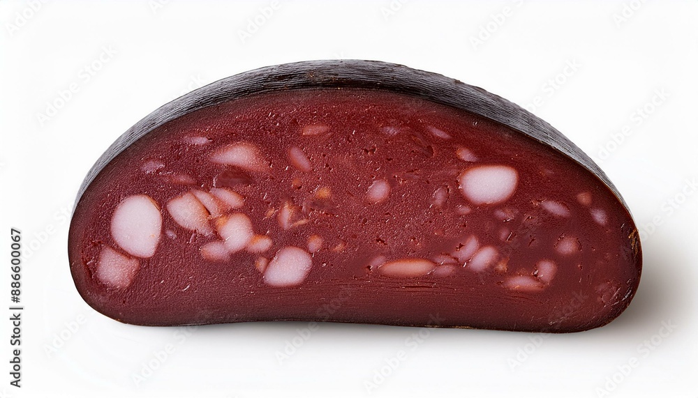 Cross section cut of blood sausage isolated on white background.. Cross section cut of blood sausage isolated on white background..