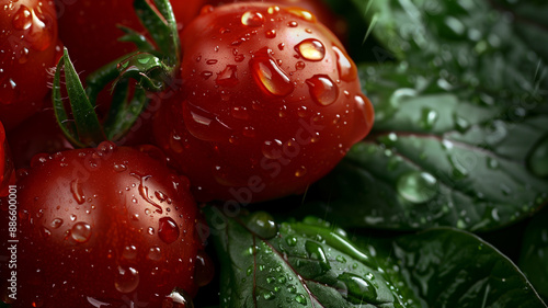 Fresh Tomatoes with Water Droplets on Green Leaves photo