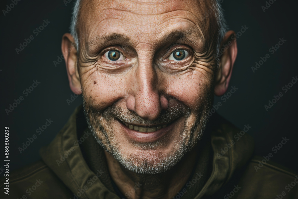 Close-up portrait of a middle aged man of European descent, studio photo, against a sleek gray studio backdrop Close-up portrait of a middle aged man of European descent, studio photo, against a sleek gray studio backdrop