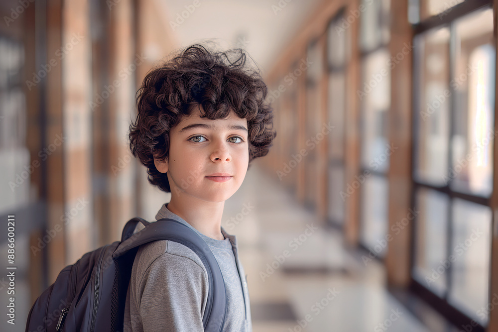 Obraz premium A schoolboy with curly dark hair and a backpack standing in a well-lit school corridor.