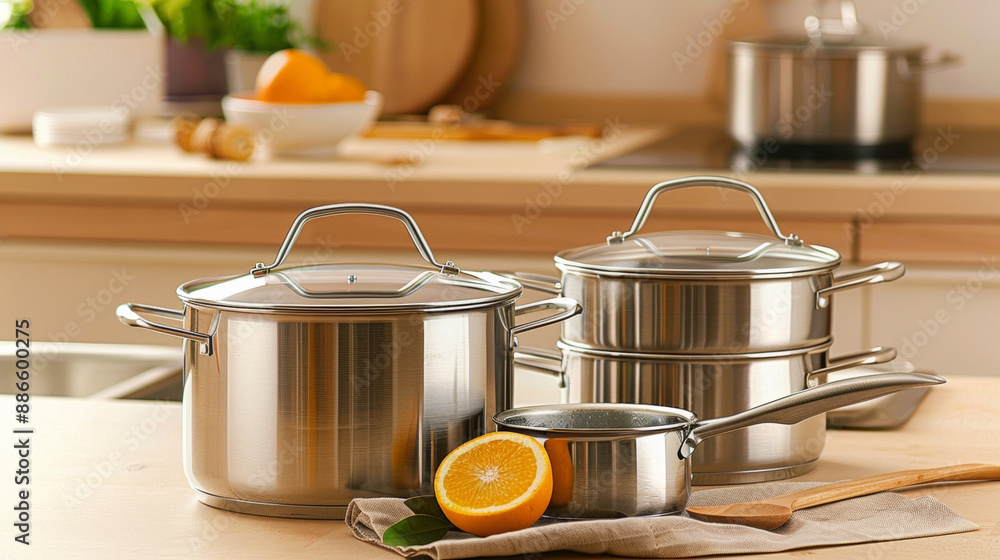A set of stainless steel saucepans were placed on the kitchen counter with light wood cabinets in the background A set of stainless steel saucepans were placed on the kitchen counter with light wood cabinets in the background