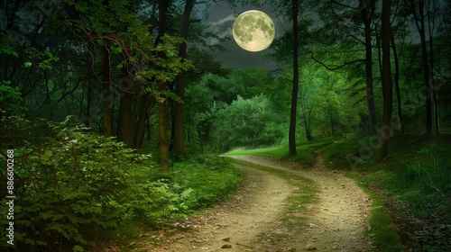 Serene Moonlit Forest Path Through Mystic Woods