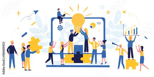 Business concept. Team metaphor. People connect puzzle elements. Flat illustration in flat design style. Teamwork, collaboration, partnership. Businessmen working together and moving towards success.