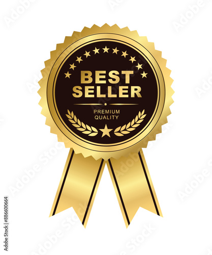 Best seller sticker label with ribbon, gold badge and gold ribbon with Stars and laurel wreath Decoration vector isolated Premium Quality text product, for book cover label or your product the Best