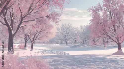 Serene Snowy Landscape with Pink Cherry Blossoms