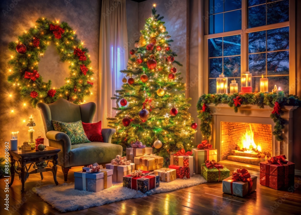 Cozy living room filled with festive atmosphere, decorated with multiple lighted Christmas trees, surrounded by piles of colorful gift boxes, on magical Christmas Eve night. Cozy living room filled with festive atmosphere, decorated with multiple lighted Christmas trees, surrounded by piles of colorful gift boxes, on magical Christmas Eve night.