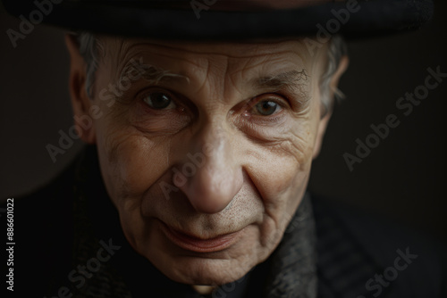 Close-up portrait of a middle aged man of European descent, studio photo, against a sleek gray studio backdrop