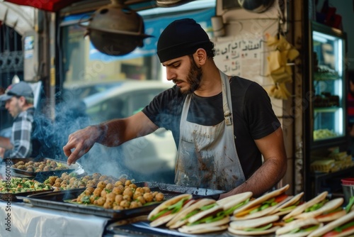 Street food for tourists, vibrant stalls offering diverse, delicious local flavors. photo