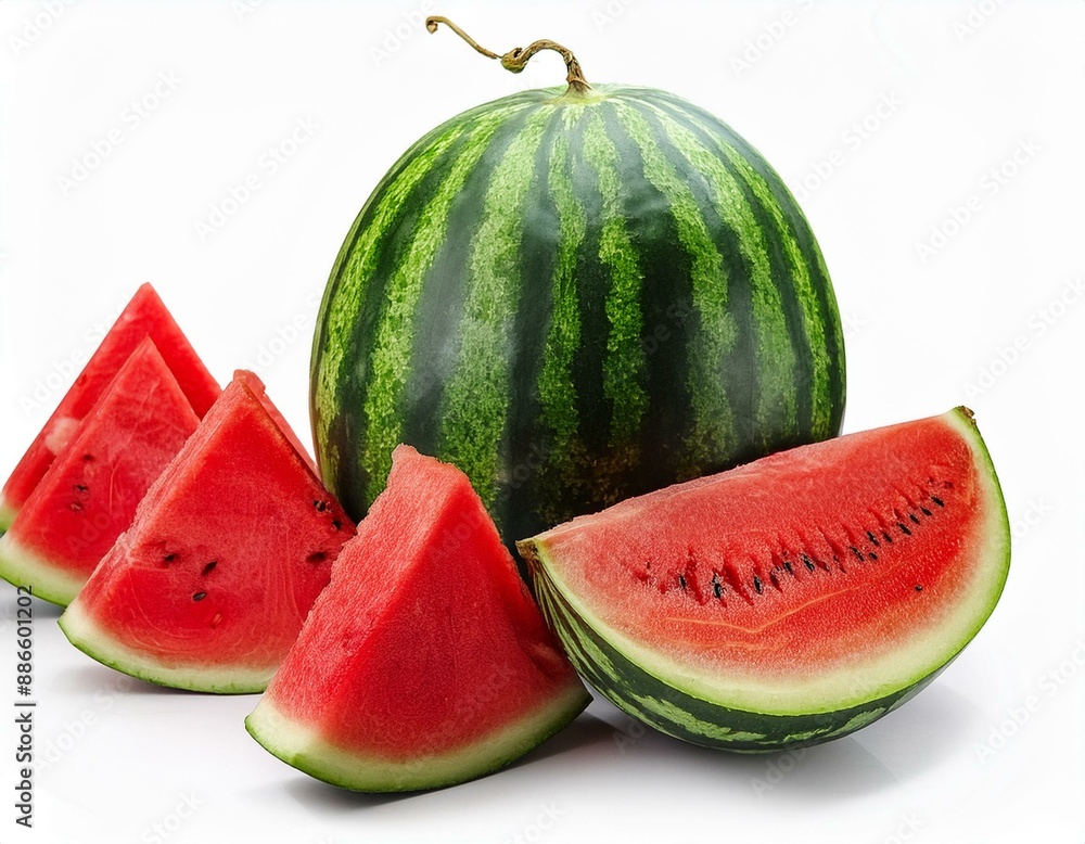 Large group of round striped watermelon and watermelon slices isolated on white background. Large group of round striped watermelon and watermelon slices isolated on white background.