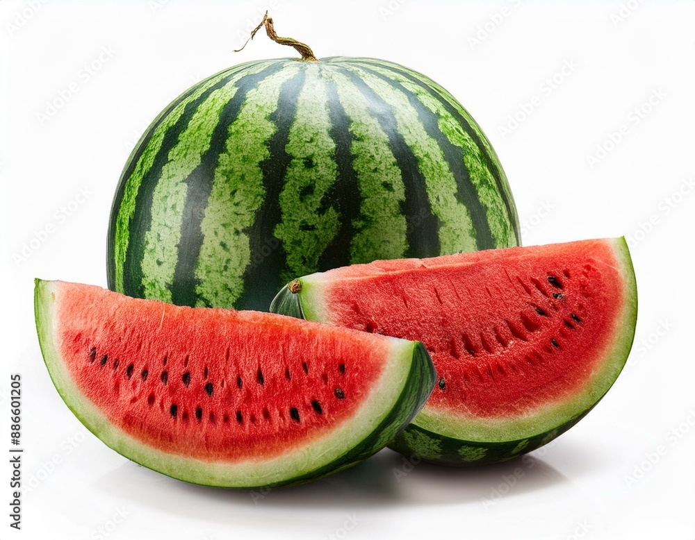 Large group of round striped watermelon and watermelon slices isolated on white background. Large group of round striped watermelon and watermelon slices isolated on white background.