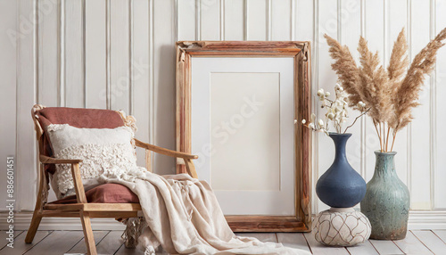 Portrait empty wooden frame mockup with linen cloth, velvet cushions and modern ceramic vases. White beadboard wainscot wall paneling background. Scandinavian interior, home design. Art concept photo