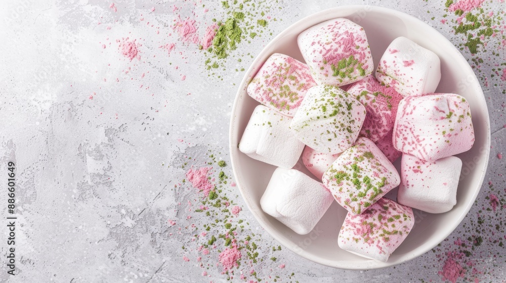 Colorful Marshmallows Sprinkled with Green Sugar on Grey Background Colorful Marshmallows Sprinkled with Green Sugar on Grey Background