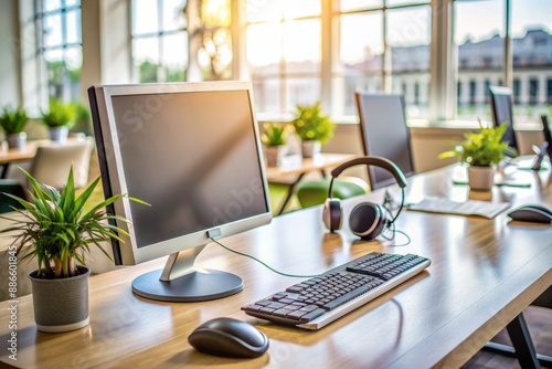 Wallpaper Mural Friendly workspace with modern computer and headset on a tidy desk, awaiting customer support, conveying professionalism and readiness to assist. Torontodigital.ca