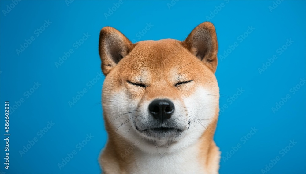 Portrait of Shiba Inu dog with closed eyes on blue background. Portrait of Shiba Inu dog with closed eyes on blue background.