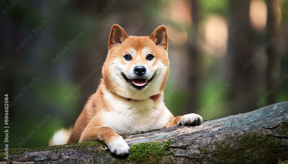 Portrait of smiling Shiba Inu dog sitting on fallen tree in the forest. Blurred nature background. Portrait of smiling Shiba Inu dog sitting on fallen tree in the forest. Blurred nature background.