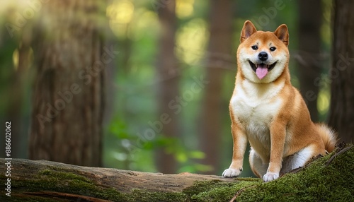 Portrait of smiling Shiba Inu dog sitting on fallen tree in the forest. Blurred nature background. © Donald