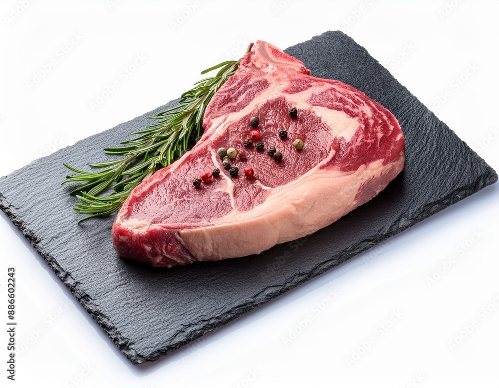 Raw ribeye steak with pepper corns and rosemary on graphite serving board isolated on white background. Raw ribeye steak with pepper corns and rosemary on graphite serving board isolated on white background.