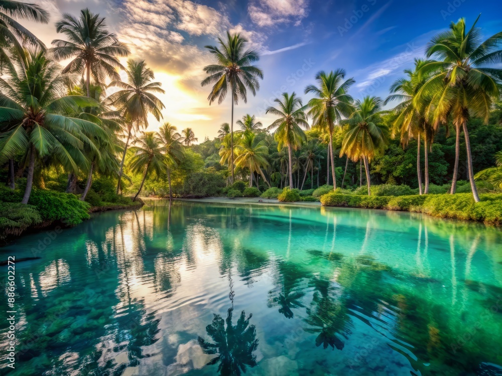Serene turquoise lagoon surrounded by lush greenery and towering palm trees on a picturesque tropical island at dawn, perfect for travel blog hero images. Serene turquoise lagoon surrounded by lush greenery and towering palm trees on a picturesque tropical island at dawn, perfect for travel blog hero images.