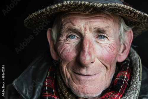 Close-up portrait of a middle aged man of European descent, studio photo, against a sleek gray studio backdrop