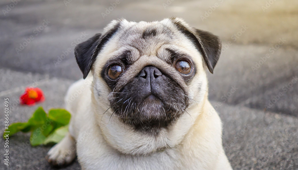 Obraz premium pug dog with gray fur exposing only half of head.