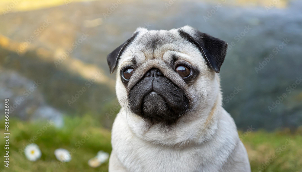 Obraz premium pug dog with gray fur exposing only half of head.