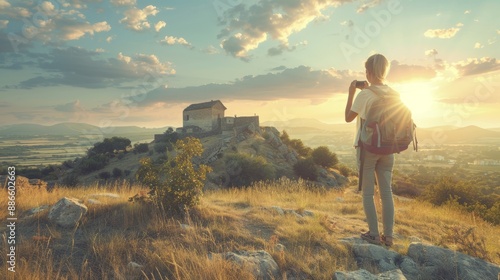 Solo Traveler Admiring Sunset Over Historic Castle on Hill