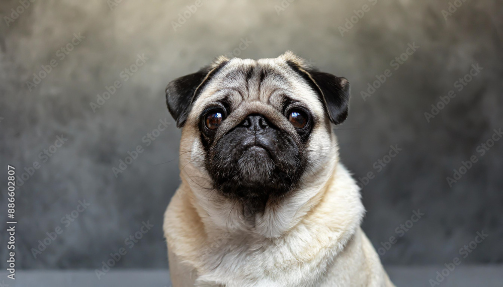 pug dog with gray fur exposing only half of head. pug dog with gray fur exposing only half of head.