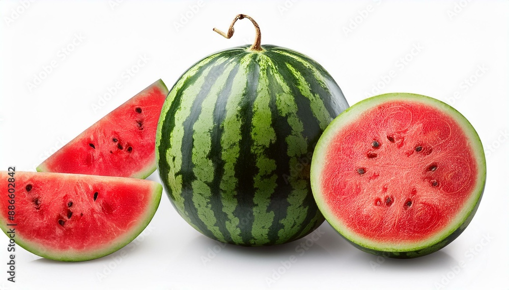 Round striped watermelon and watermelon slices isolated on white background. Round striped watermelon and watermelon slices isolated on white background.