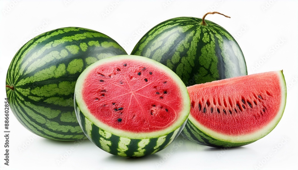 Round striped watermelons and watermelon cut in half isolated on white background. Clipping path. Round striped watermelons and watermelon cut in half isolated on white background. Clipping path.