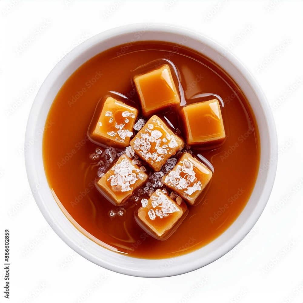 Salty caramel candies in milk caramel sauce with salt crystals isolated on white background. Salty caramel candies in milk caramel sauce with salt crystals isolated on white background.