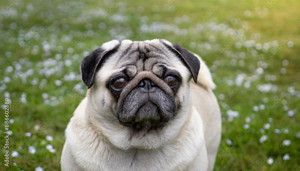 pug dog with gray fur exposing only half of head. pug dog with gray fur exposing only half of head.