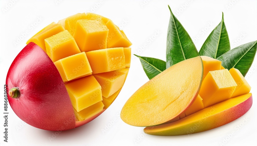 Set of mango fruits and mango slices. Isolated on a white background. Clipping path. Set of mango fruits and mango slices. Isolated on a white background. Clipping path.