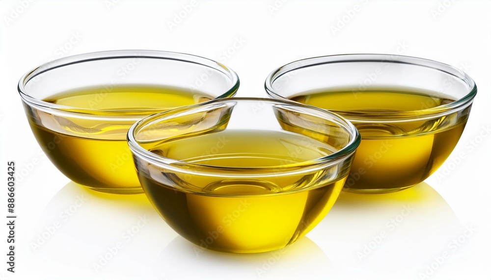 Three glass bowls of olive oil isolated on white background. contains clipping path. Three glass bowls of olive oil isolated on white background. contains clipping path.
