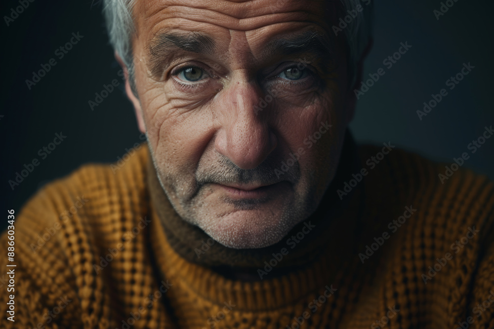 Close-up portrait of a middle aged man of European descent, studio photo, against a sleek gray studio backdrop Close-up portrait of a middle aged man of European descent, studio photo, against a sleek gray studio backdrop