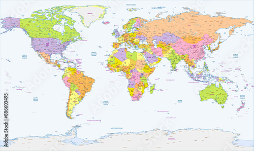 Detailed political physicals map of the world English labeled