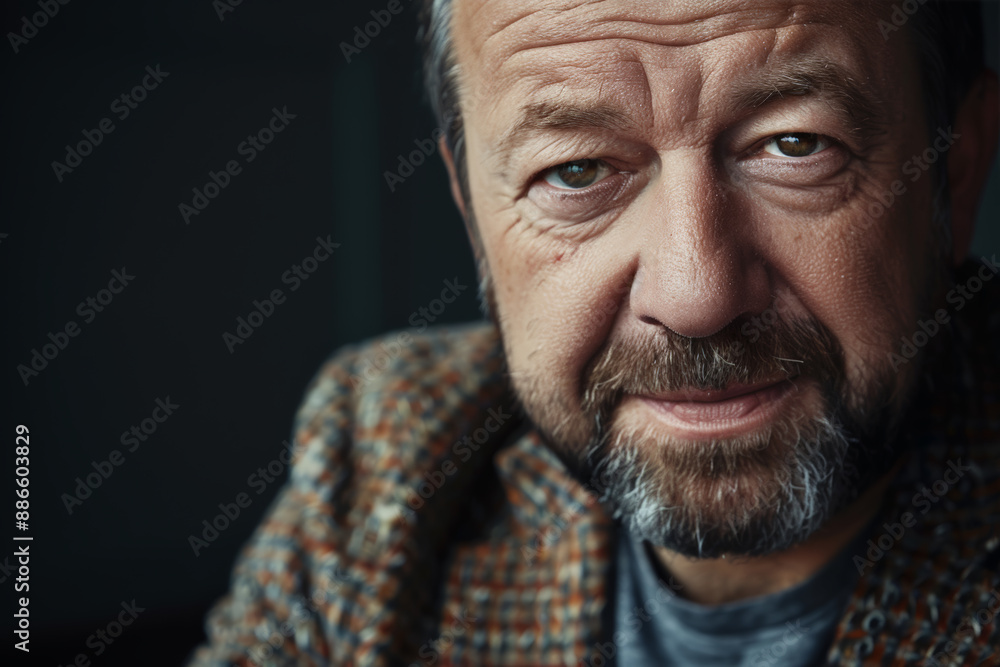 Obraz premium Close-up portrait of a middle aged man of European descent, studio photo, against a sleek gray studio backdrop