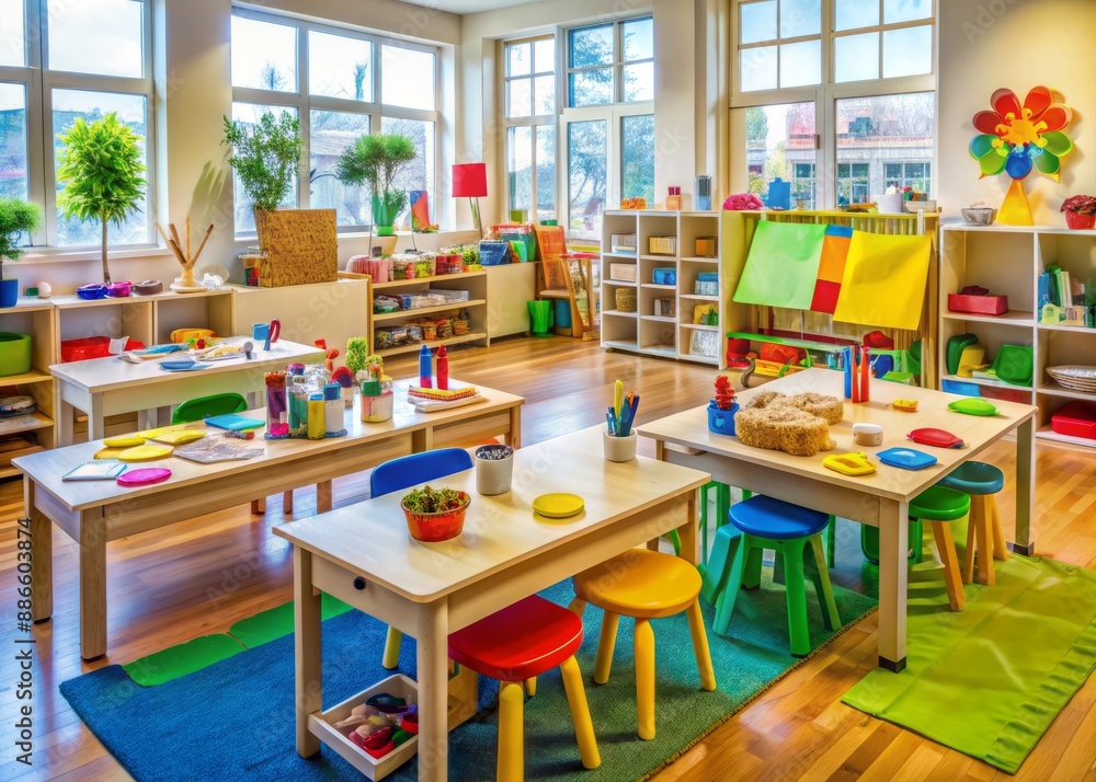 Colorful art supplies and creative projects scatter the tables and floor of a vibrant kindergarten classroom, showcasing the imagination of young learners at work. Colorful art supplies and creative projects scatter the tables and floor of a vibrant kindergarten classroom, showcasing the imagination of young learners at work.
